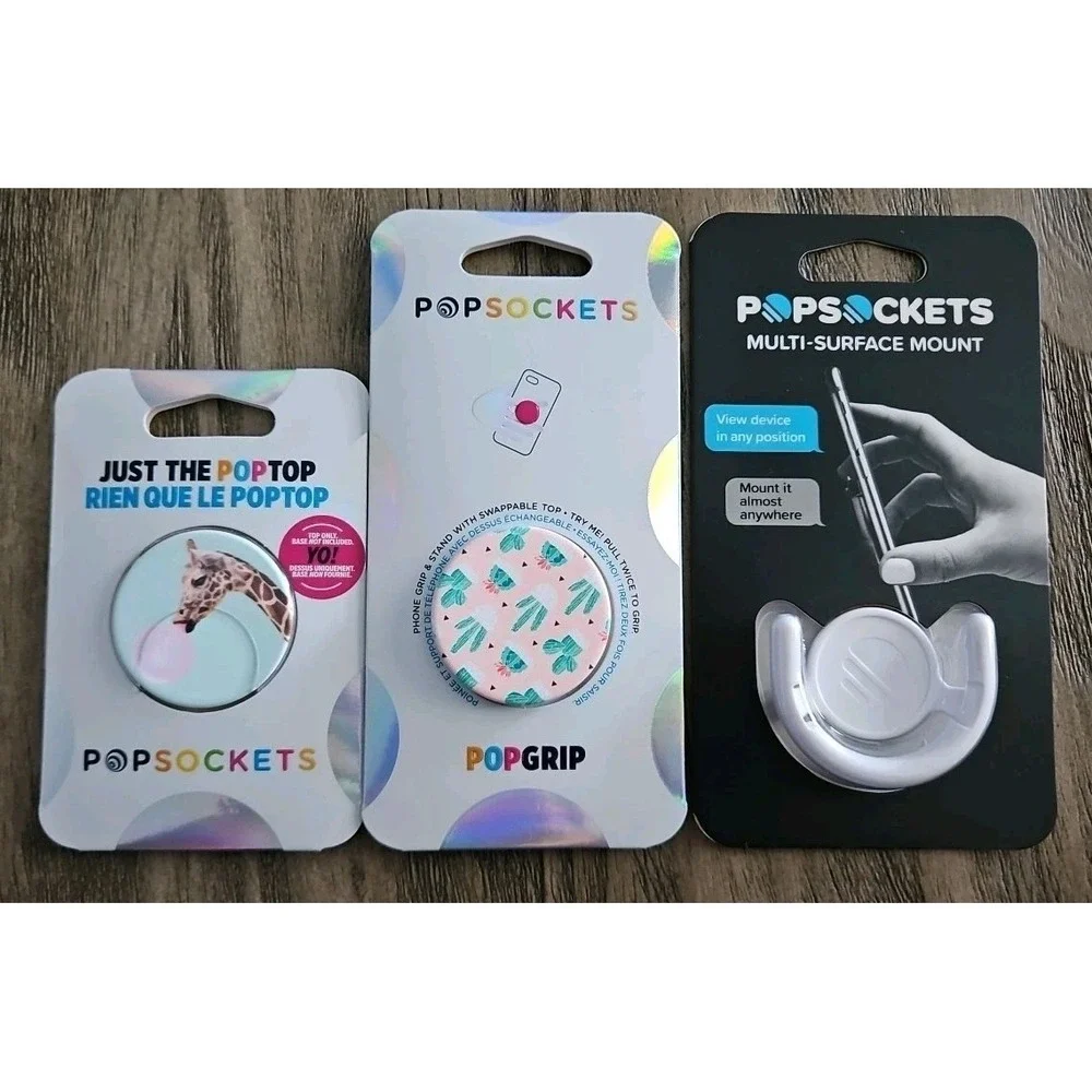 THREE PopSockets Mount, Cactus Pot Popgrip & Bubblegum Giraffe Poptop